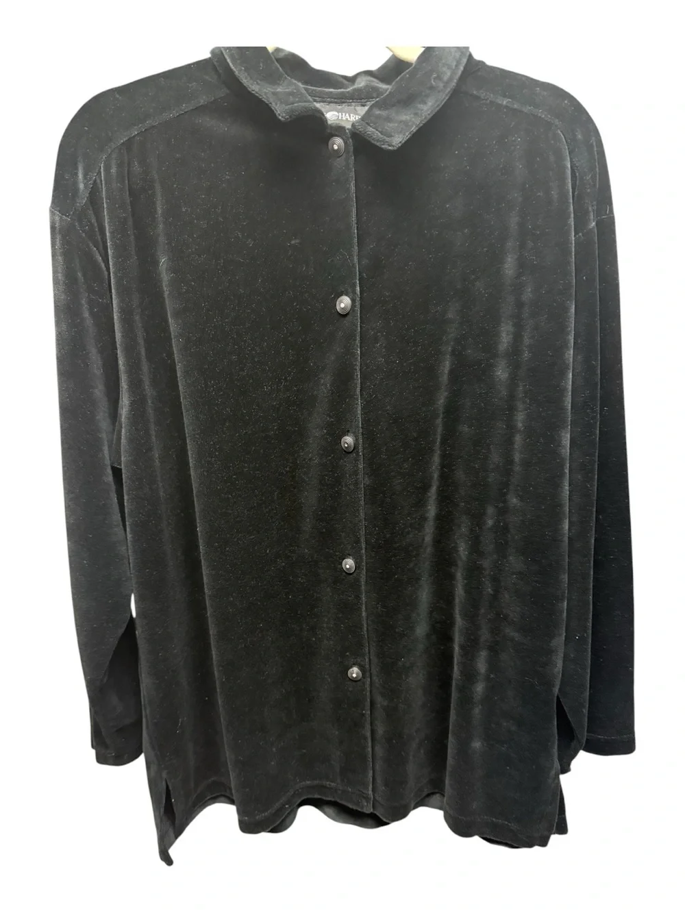 Vintage 90s Sag Harbor Whimsigoth Velvet Button Down Shirt XL Black Velour goth